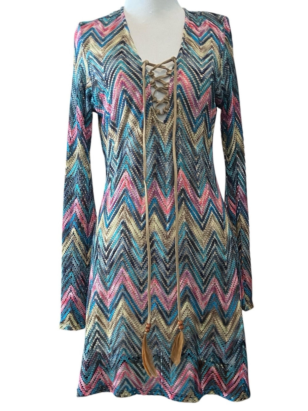 Missoni-style Chevron Lace-Up Tunic Dress in Multicolor By Sky. New. Sz small